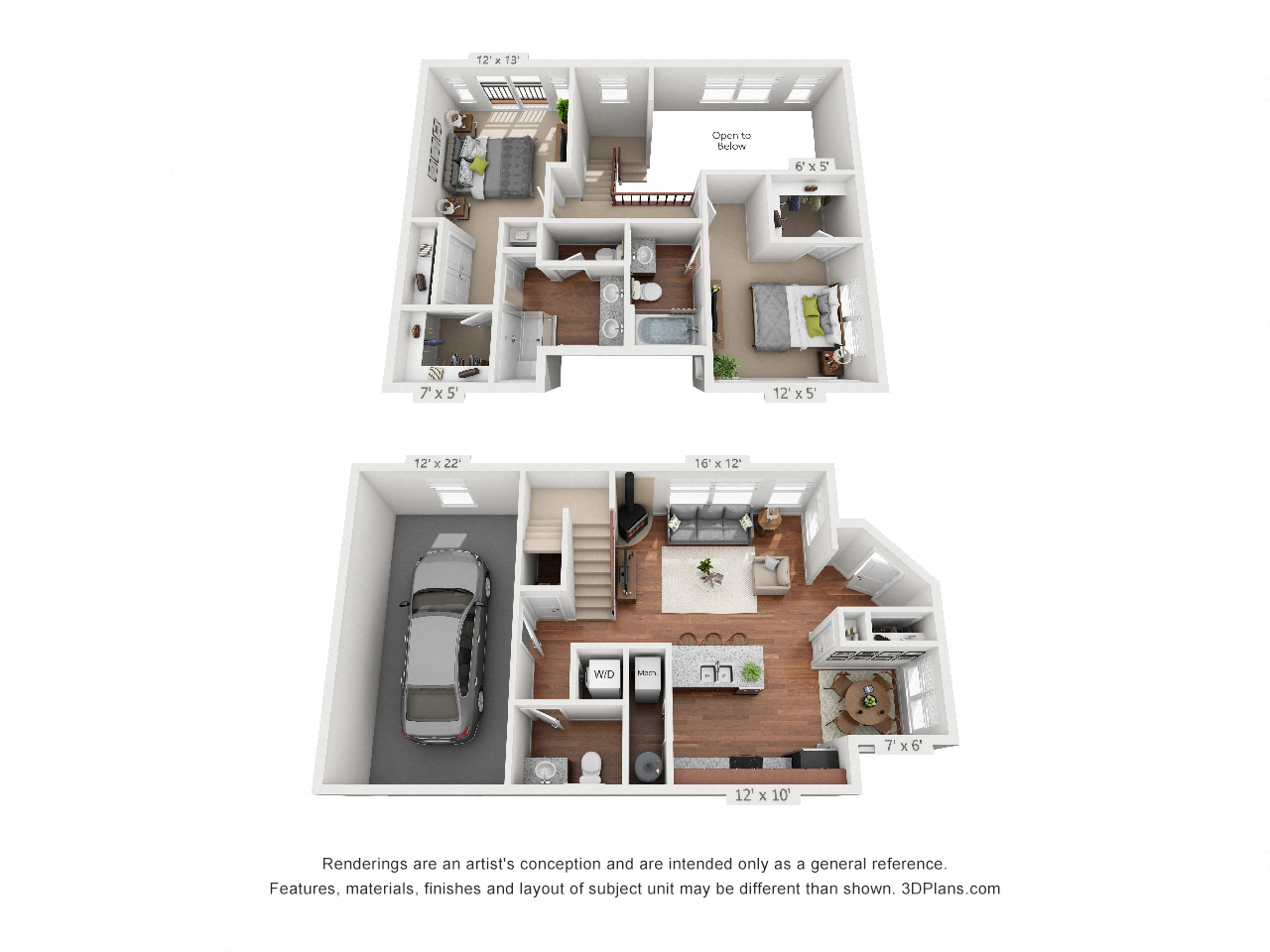 Floor plan for 2 beds, 2.5 baths, 1250 sqft
